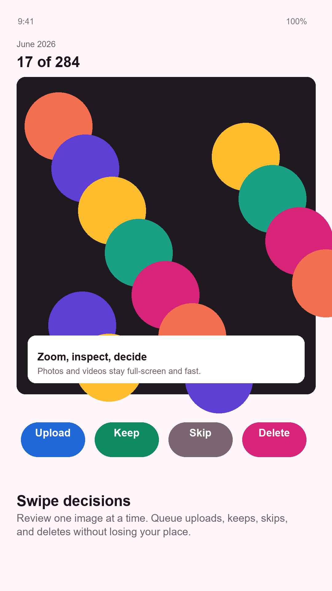 AfterSnap review screen with upload, keep, skip, and delete actions